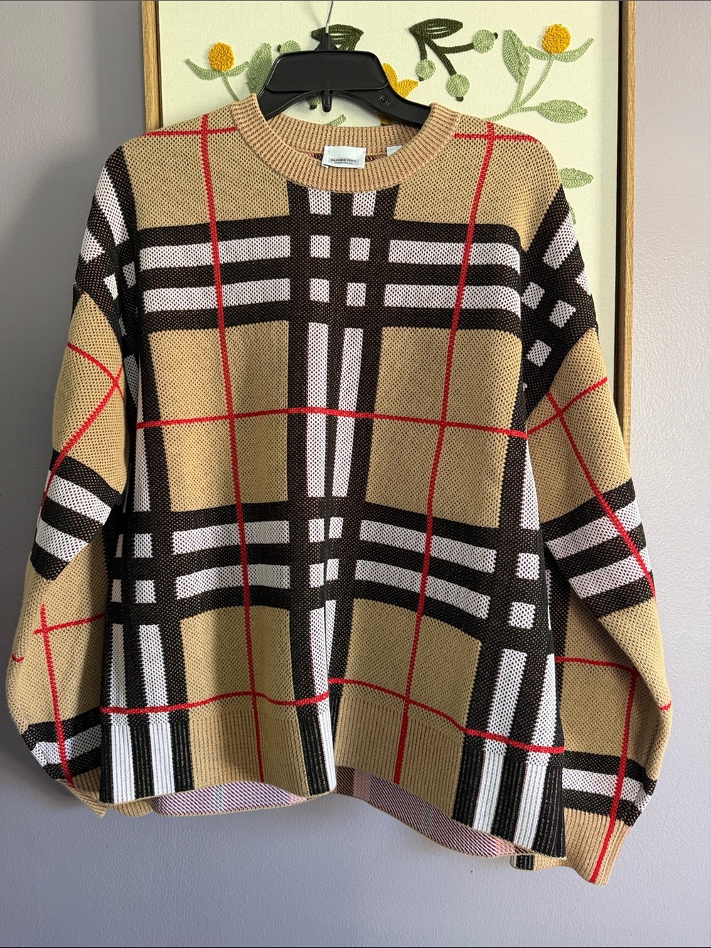 Burberry Tan Plaid Crewneck Sweater with Black, White & Red Stripes